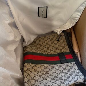 Beige Crossbody with Green and Red Web Stripe.